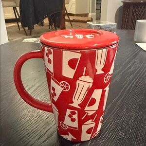 Red Patterned Mug with Lid and Tea Strainer